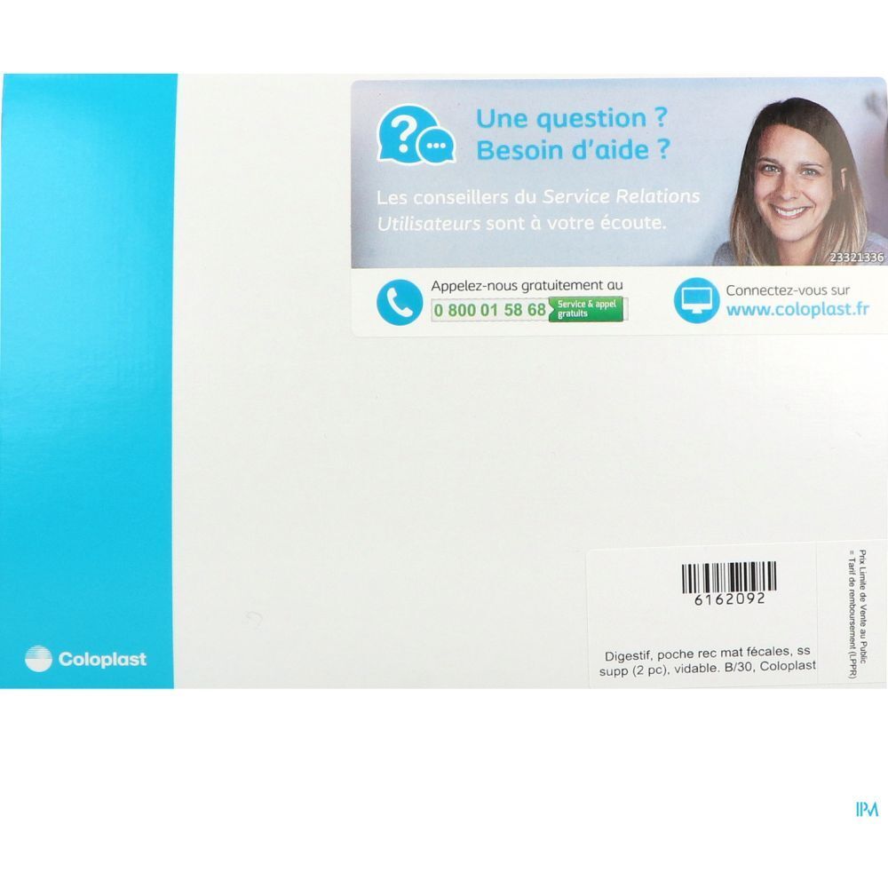 Boîte blanche et bleue. Logo Coloplast. Texte : "Une question ? Besoin d'aide ?" et informations de contact.