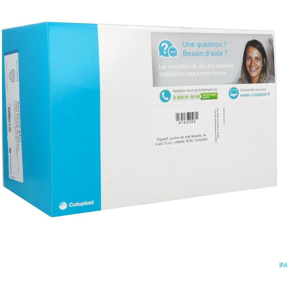 Emballage produit bleu et blanc. Autocollant avec informations de contact et description du produit. Logo Coloplast.