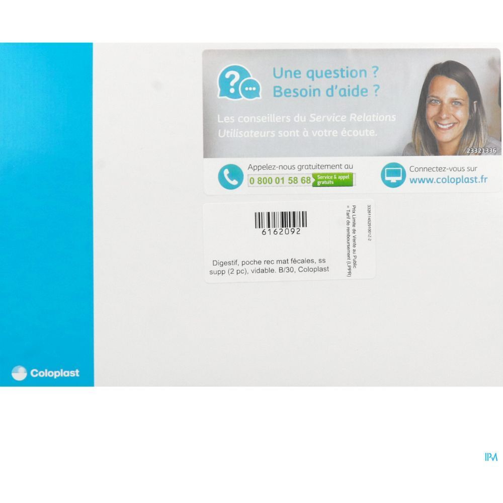 Emballage blanc et bleu. Autocollant avec informations de contact et produit. Logo Coloplast.