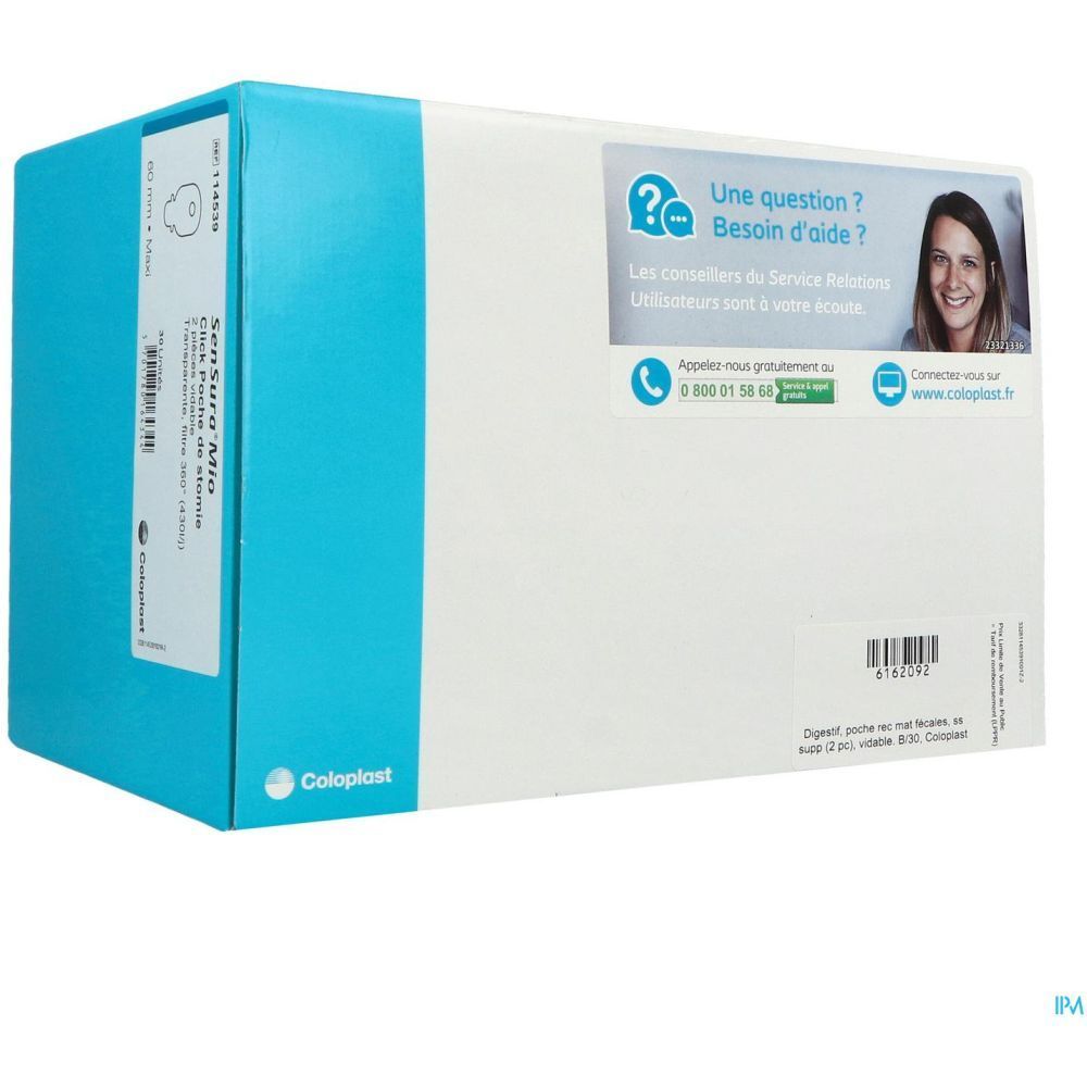 Boîte bleu et blanche avec texte et logo. Autocollant avec nom du produit: Sensura Mio. Coordonnées et photo d'une femme sur le côté.