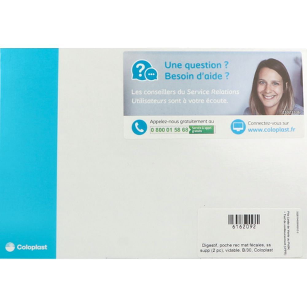 Emballage blanc et bleu Coloplast. Autocollant avec logo question et femme. Texte: "Une question ? Besoin d'aide ?" et coordonnées.