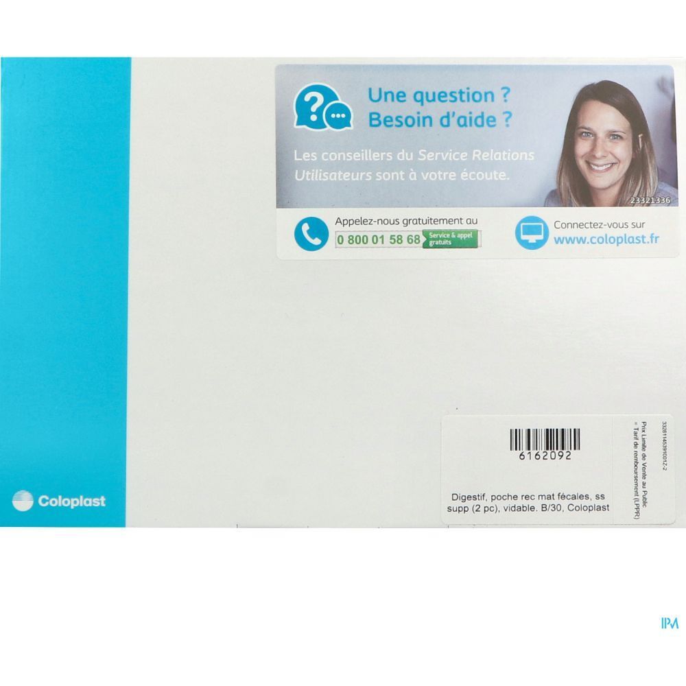 Emballage blanc et bleu Coloplast. Autocollant avec logo question et femme. Texte: "Une question ? Besoin d'aide ?" et coordonnées.