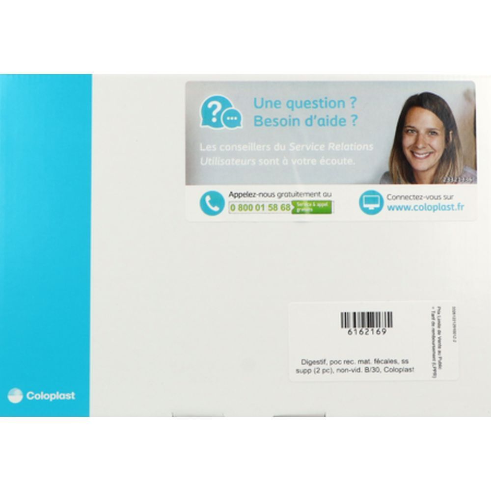 Emballage blanc avec accent bleu. Autocollants avec informations de contact et logo Coloplast. Texte: "Une question ? Besoin d'aide ?"