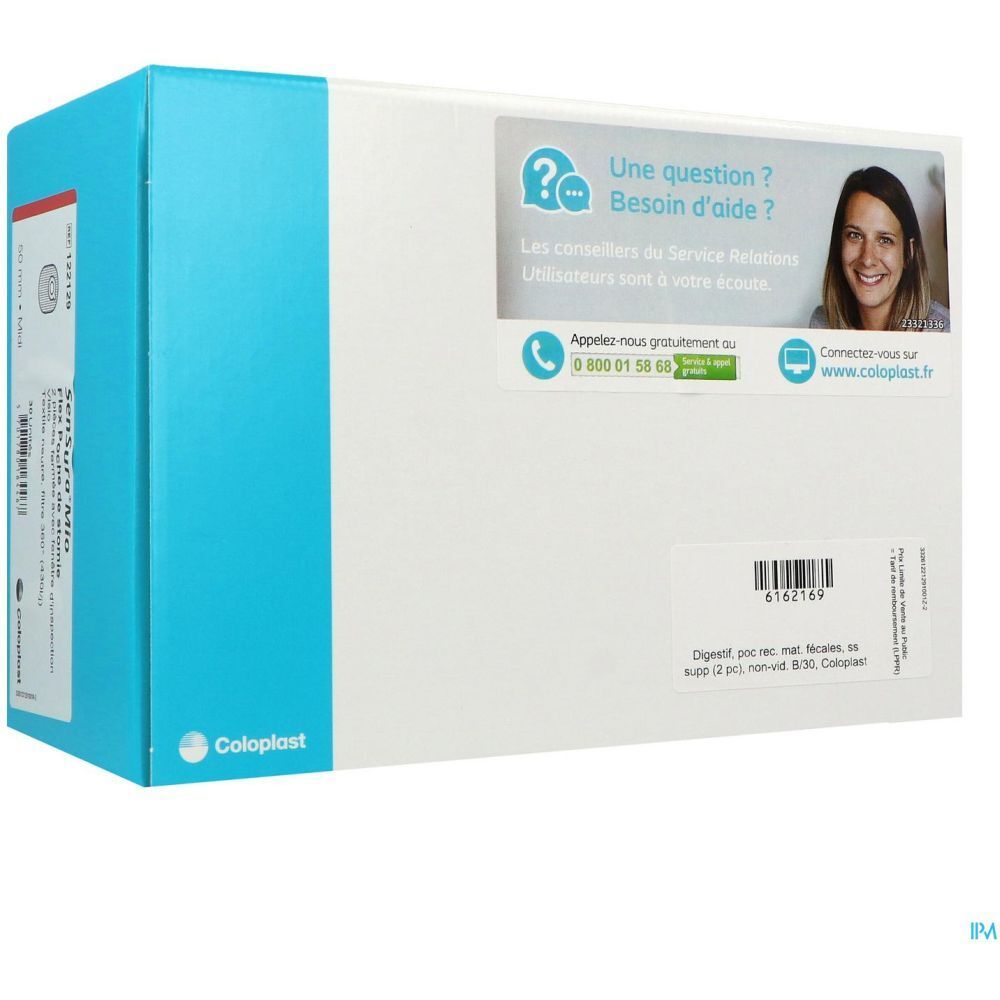 Emballage blanc avec couvercle bleu. Autocollants avec informations de contact et logo Coloplast. Texte: "Une question ? Besoin d'aide ?"