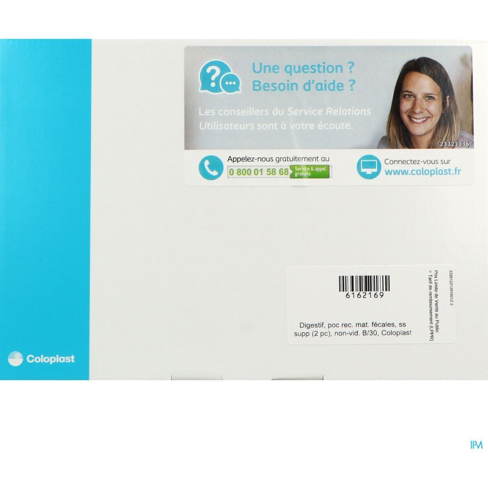 Emballage blanc avec accent bleu. Autocollants avec informations de contact et logo Coloplast. Texte: "Une question ? Besoin d'aide ?"