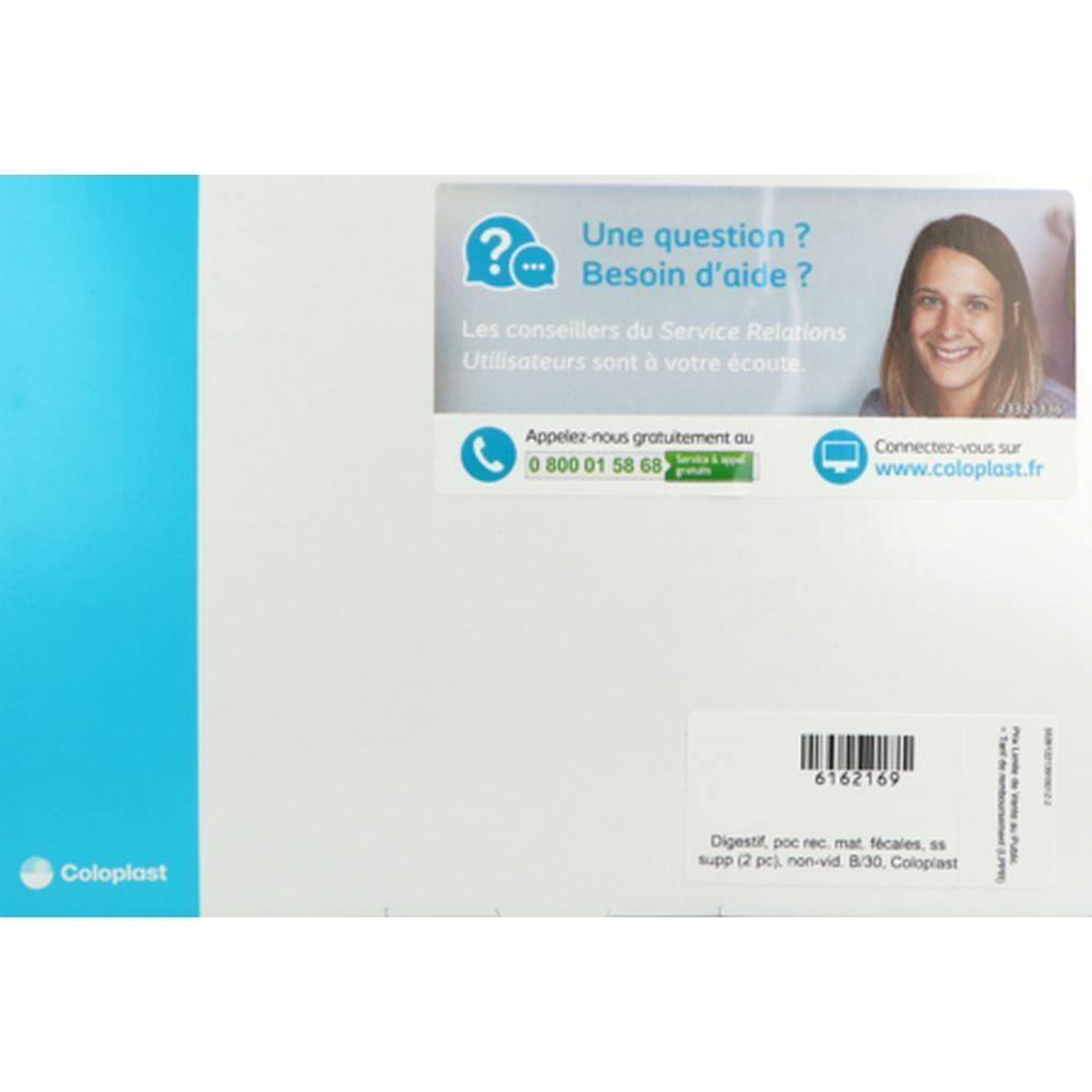 Emballage blanc avec bande bleue et logo. Autocollant avec informations de contact et code-barres. Texte: Digest. poc. rec. mat. Micales, ss. Supp (2 pcs), non-vid. B/30, Coloplast.
