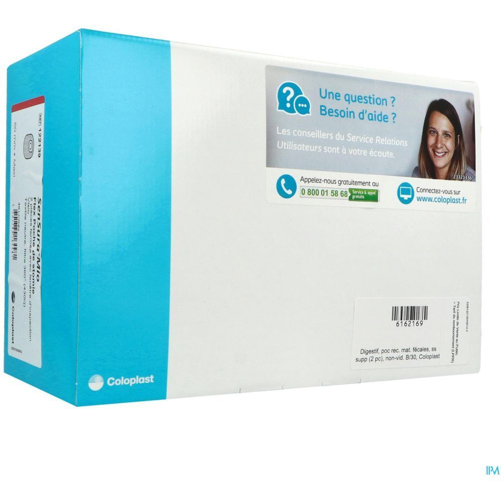Boîte en carton avec bande bleue et logo. Autocollant avec informations de contact et code-barres. Texte: Digest. poc. rec. mat. Micales, ss. Supp (2 pcs), non-vid. B/30, Coloplast.