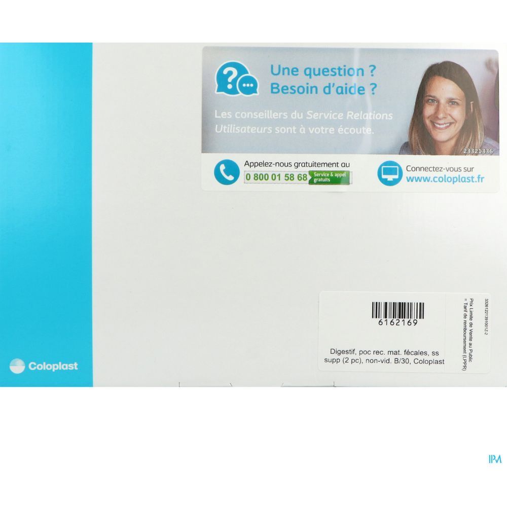 Emballage blanc avec bande bleue et logo. Autocollant avec informations de contact et code-barres. Texte: Digest. poc. rec. mat. Micales, ss. Supp (2 pcs), non-vid. B/30, Coloplast.