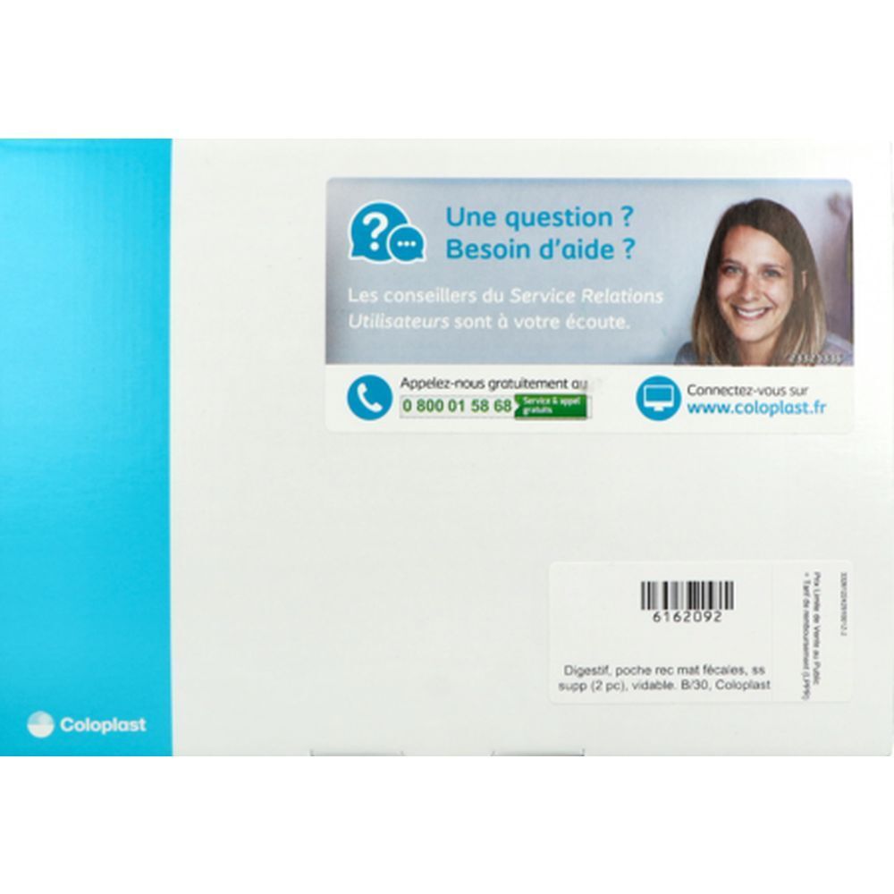 Emballage blanc avec texte et logo. Autocollant avec informations de contact et code-barres. Marque Coloplast.