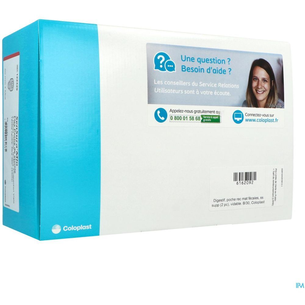 Emballage blanc et bleu avec texte et logo. Autocollant avec informations de contact et code-barres. Marque Coloplast.