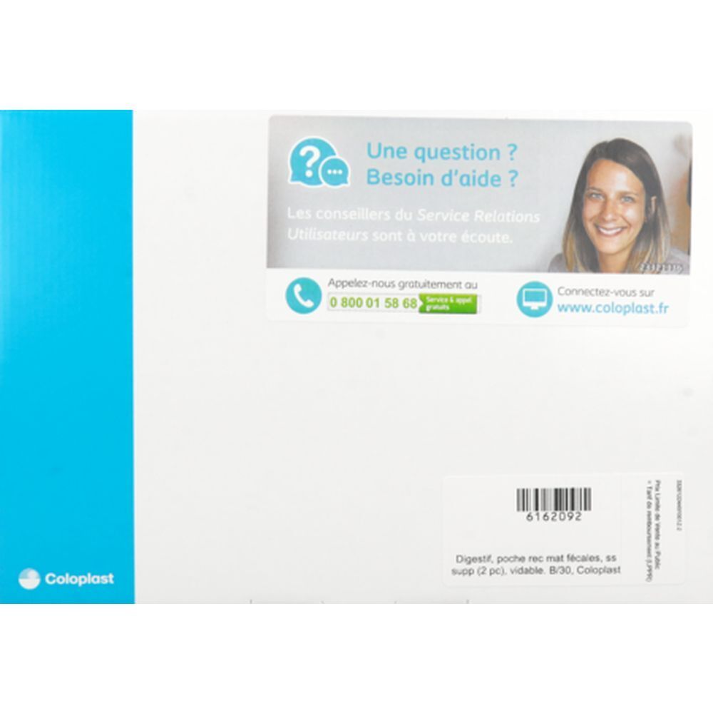 Emballage blanc avec bord bleu. Autocollant avec informations de contact et logo Coloplast.