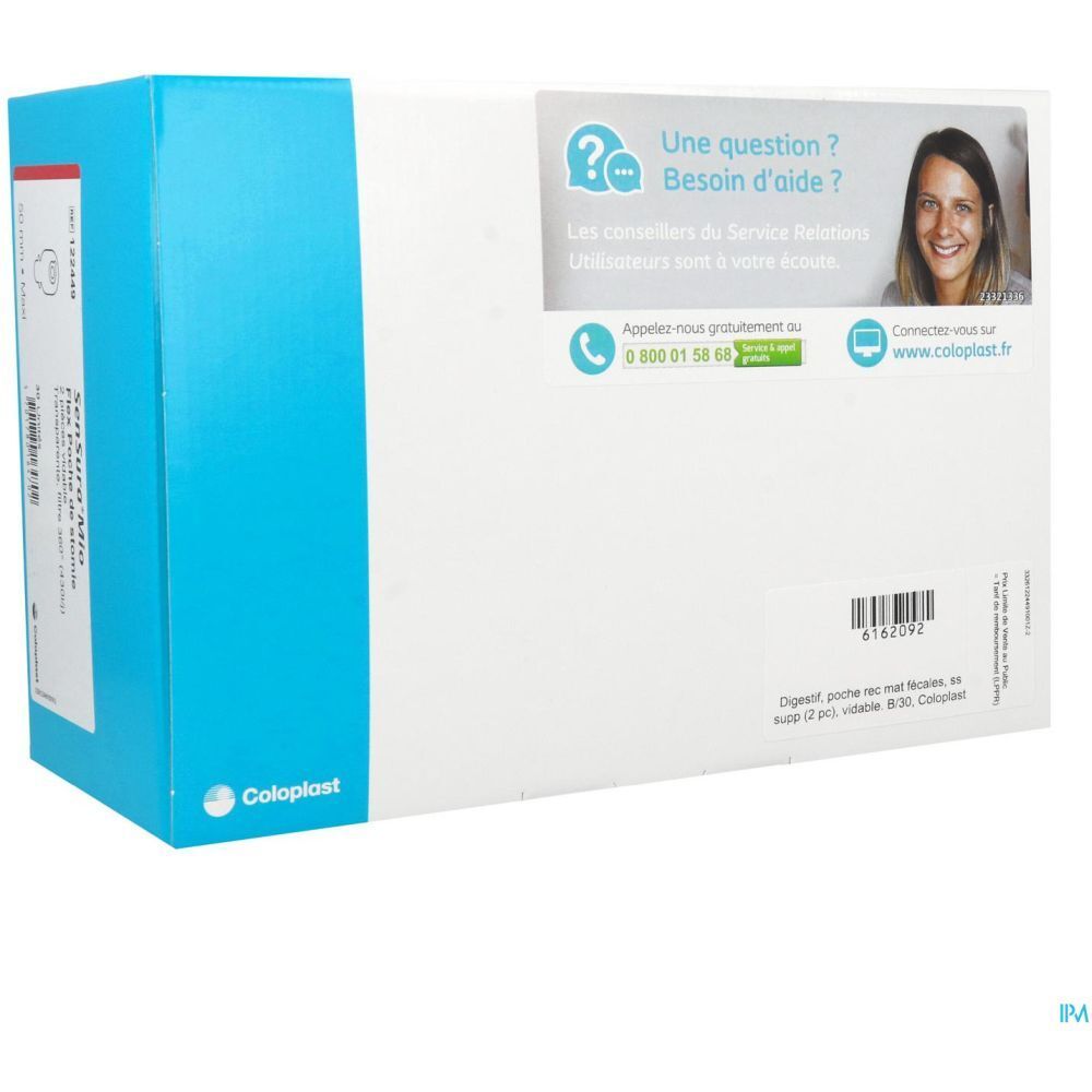 Emballage bleu et blanc avec informations de contact et logo Coloplast. Code-barres sur le côté.