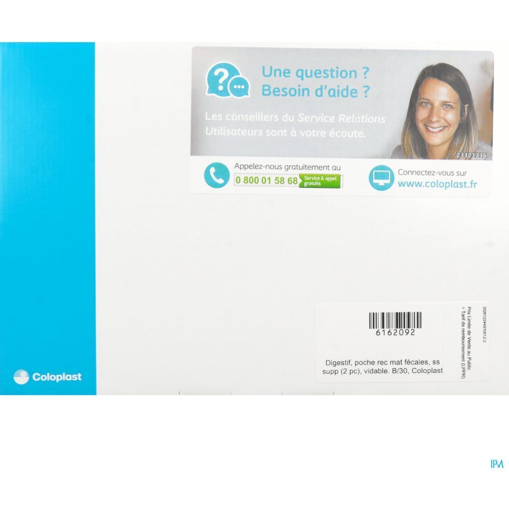 Emballage blanc avec bord bleu. Autocollant avec informations de contact et logo Coloplast.