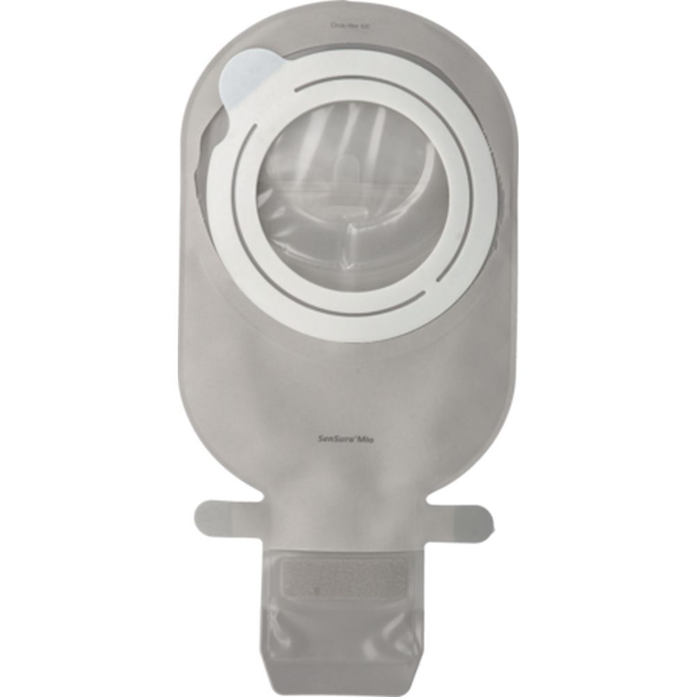 Poche de stomie grise avec anneau blanc et fermeture. Marque visible.