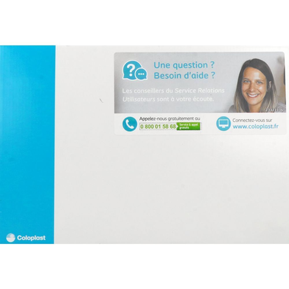 Étiquette blanche avec informations de contact. Texte en français : "Une question ? Besoin d'aide ?" Logo Coloplast.