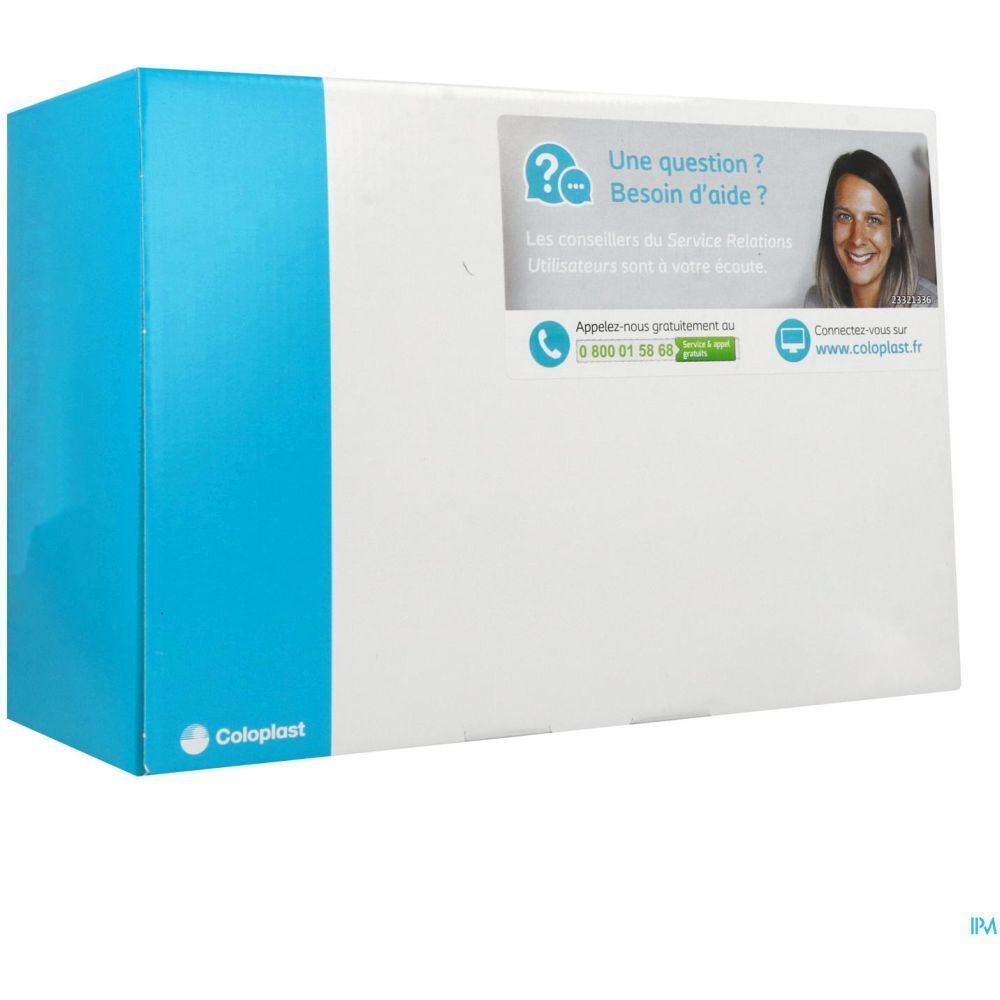 Emballage blanc avec accent bleu. Étiquette avec informations de contact. Texte en français : "Une question ? Besoin d'aide ?" Logo Coloplast.