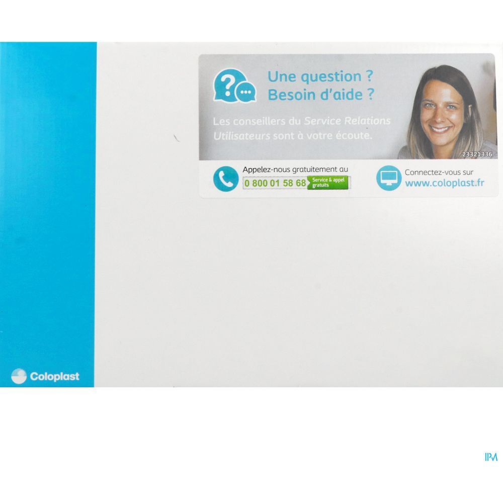 Étiquette blanche avec informations de contact. Texte en français : "Une question ? Besoin d'aide ?" Logo Coloplast.