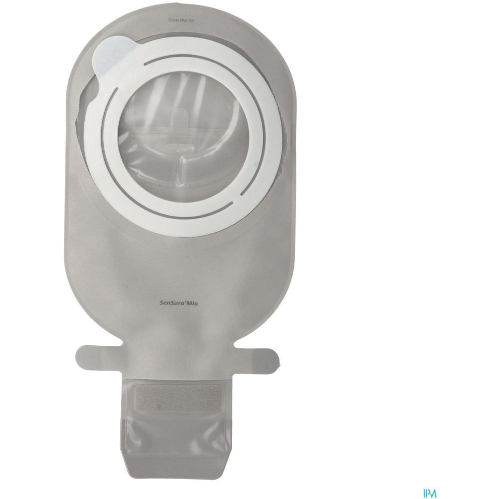 Poche de stomie grise avec anneau blanc et fermeture. Marque visible.