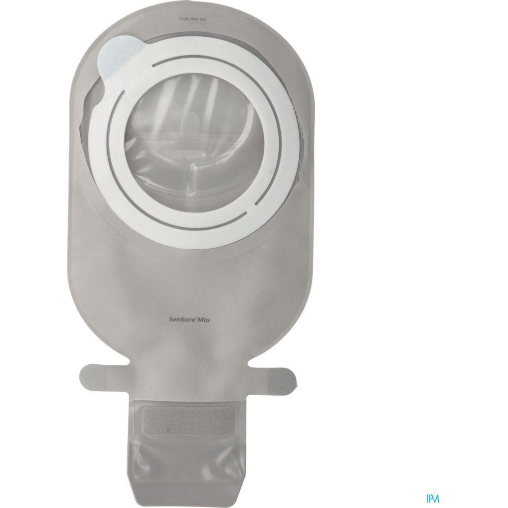 Poche de stomie grise avec anneau blanc et fermeture. Marque visible.