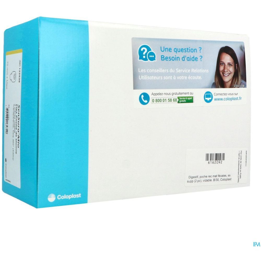 Emballage. Inscriptions: Coloplast, symbole de point d'interrogation, numéro de téléphone, site web. Texte: Digesif, poche rec mat fecales, es supp (2 pc), vidable. B/30, Coloplast.