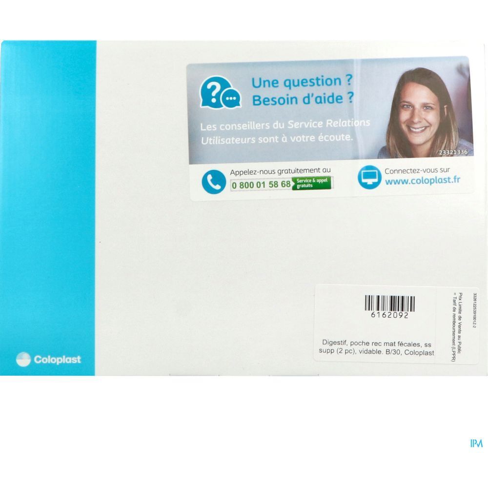 Emballage. Inscriptions: Coloplast, symbole de point d'interrogation, numéro de téléphone, site web. Texte: Digesif, poche rec mat fecales, es supp (2 pc), vidable. B/30, Coloplast.