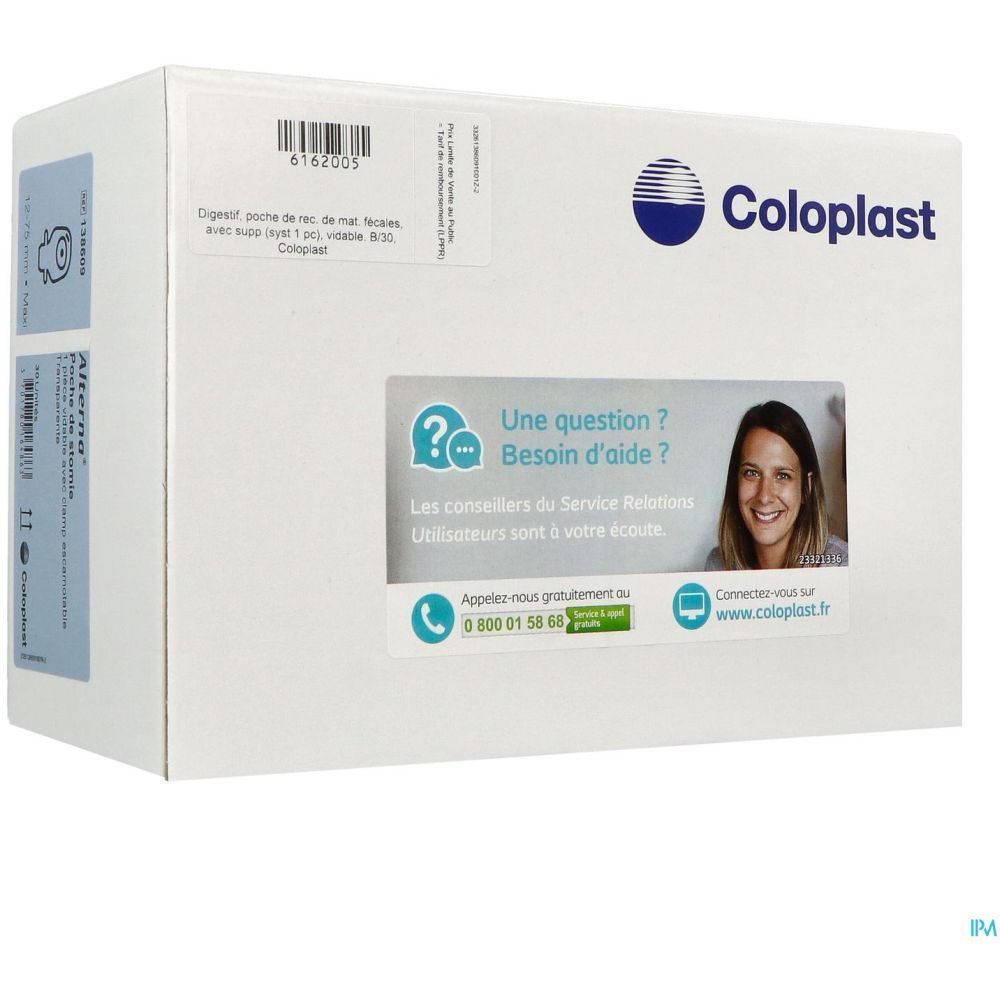 Emballage blanc Coloplast. Logo et texte. Autocollants avec informations produit et contact. Boîte.
