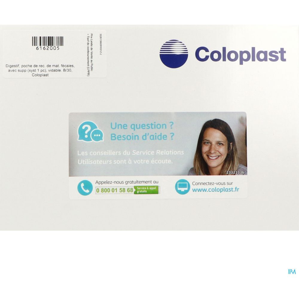 Emballage blanc Coloplast. Logo et texte. Autocollants avec informations produit et contact.