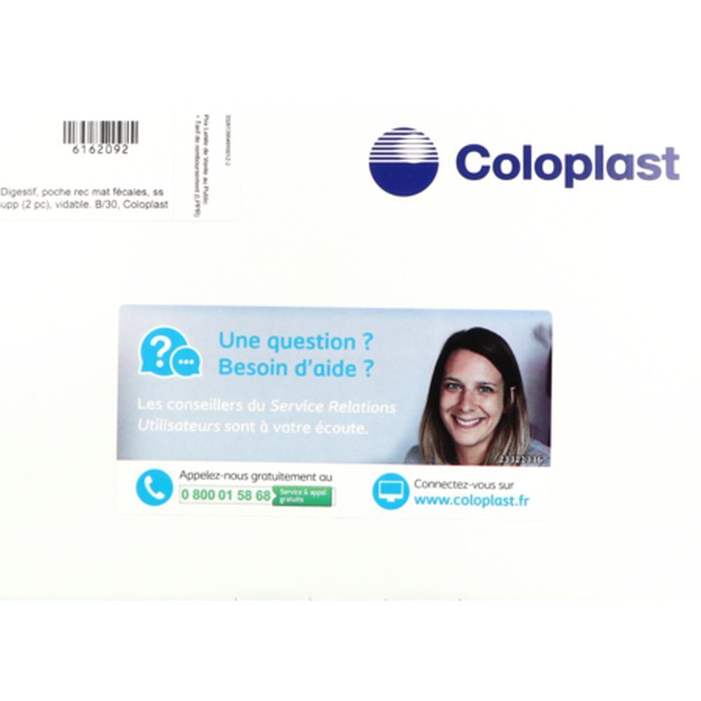 Rectangle blanc avec texte et logo. Logo Coloplast à droite. Section questions/aide avec femme. Informations de contact.