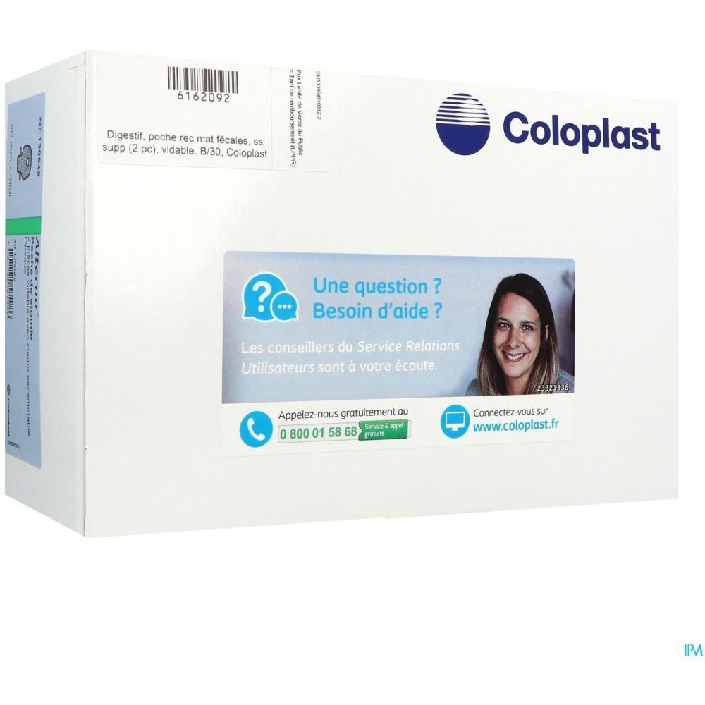 Emballage produit blanc avec texte et logo. Logo Coloplast à droite. Section questions/aide avec femme. Informations de contact.