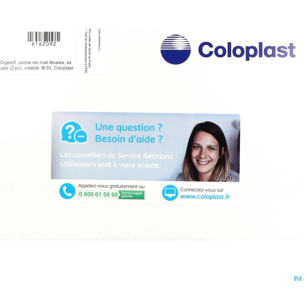 Rectangle blanc avec texte et logo. Logo Coloplast à droite. Section questions/aide avec femme. Informations de contact.