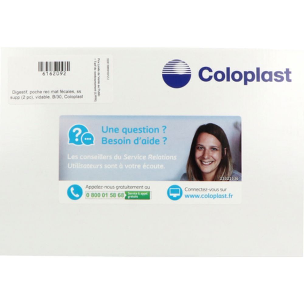 Emballage Coloplast. Autocollant avec informations de contact et femme souriante.