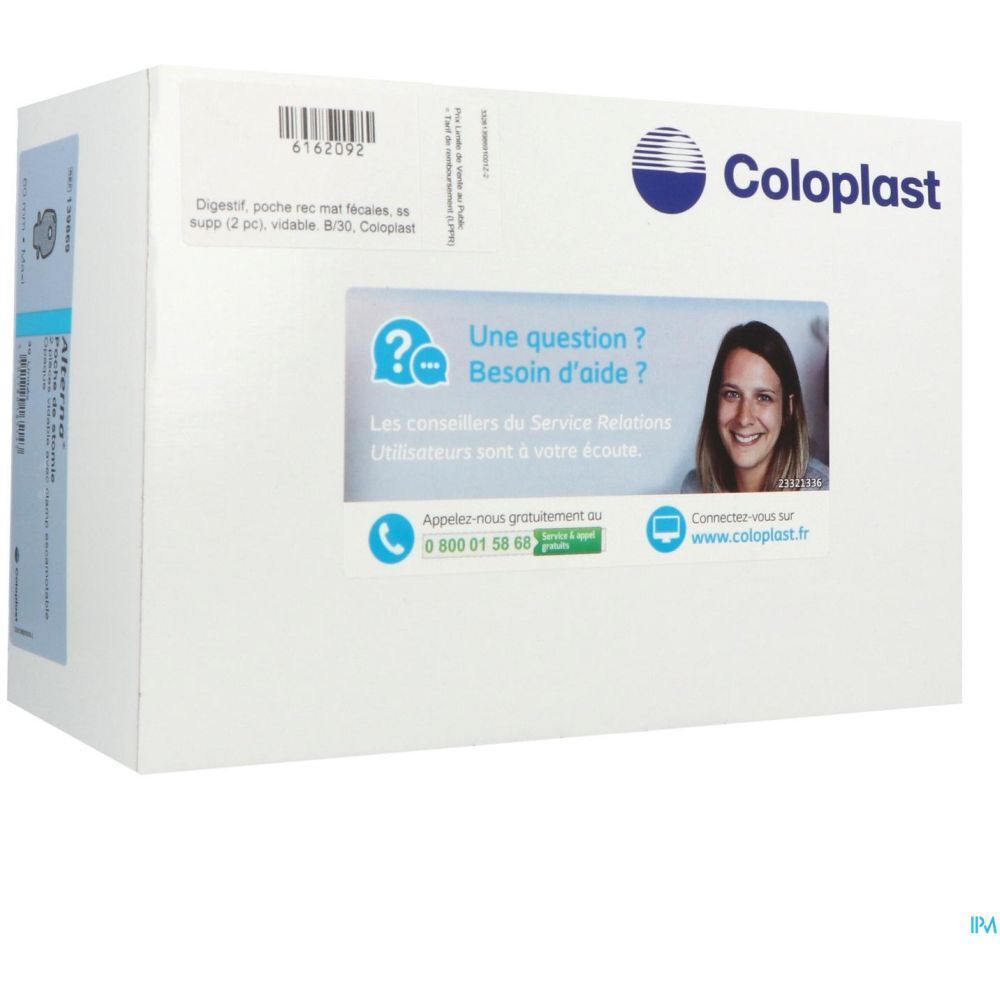 Emballage blanc Coloplast. Autocollant avec informations de contact et femme.
