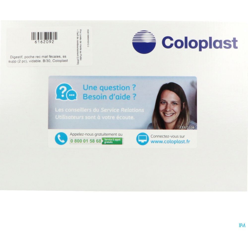 Emballage Coloplast. Autocollant avec informations de contact et femme souriante.