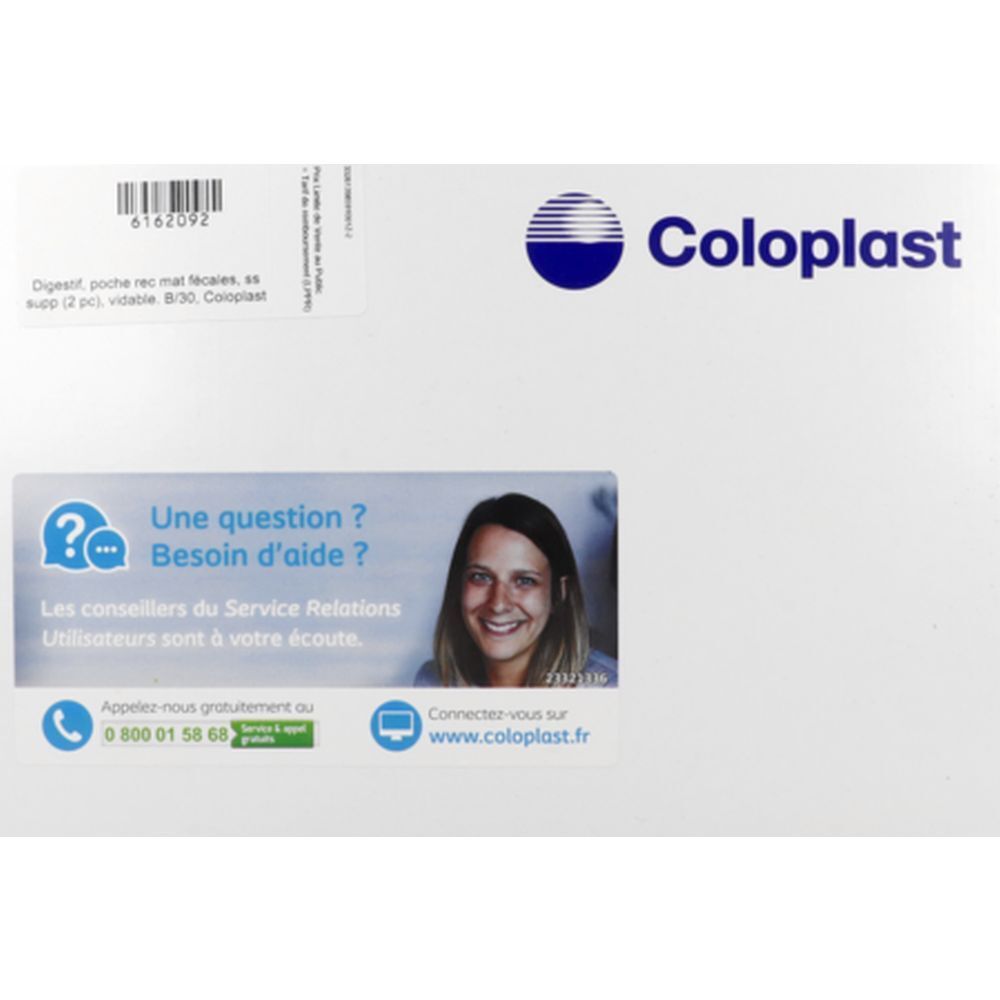 Boîte blanche Coloplast avec logo et autocollants. Autocollants avec informations de contact et visage souriant.