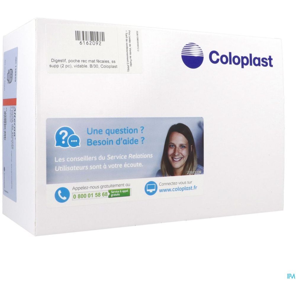 Boîte Coloplast avec logo et autocollants. Autocollants avec informations de contact et visage souriant. Vue perspective.