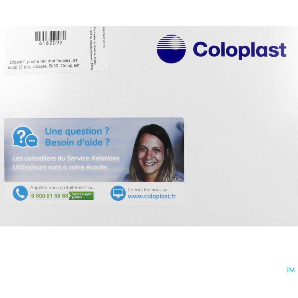 Boîte blanche Coloplast avec logo et autocollants. Autocollants avec informations de contact et visage souriant.