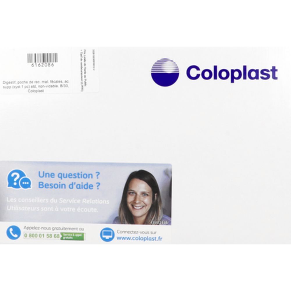 Emballage blanc avec logo Coloplast et informations de contact. Section « Une question ? Besoin d'aide ? »