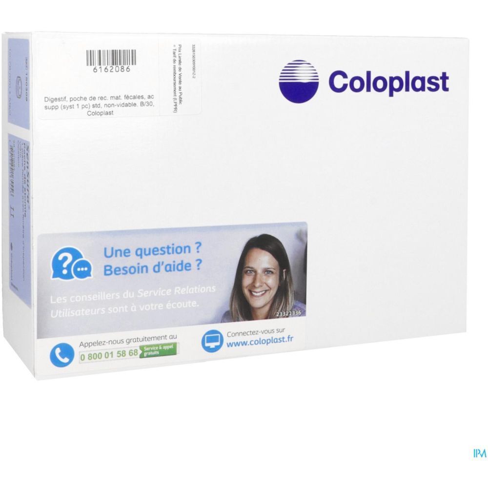 Emballage blanc avec logo Coloplast et informations de contact. Section « Une question ? Besoin d'aide ? »