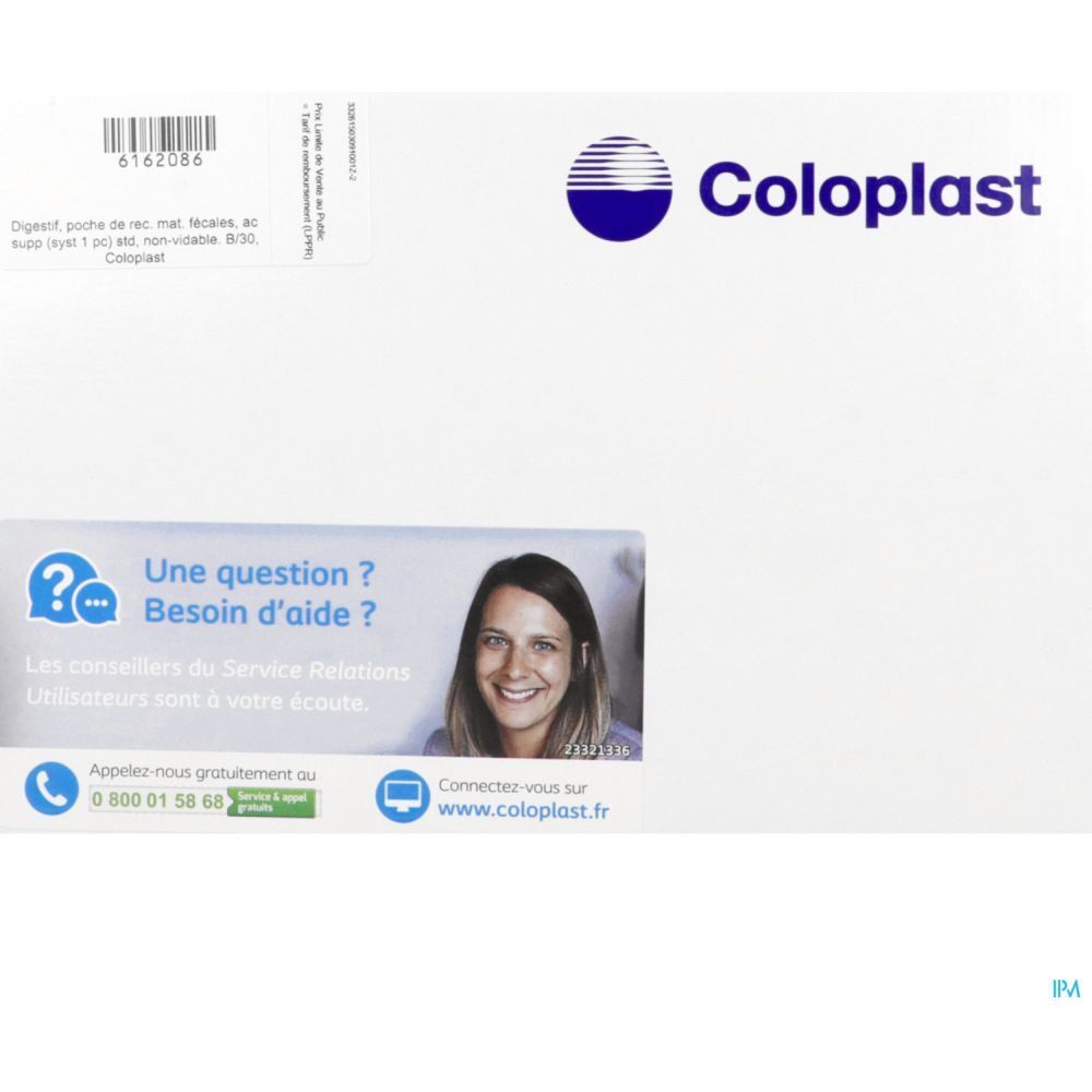Emballage blanc avec logo Coloplast et informations de contact. Section « Une question ? Besoin d'aide ? »