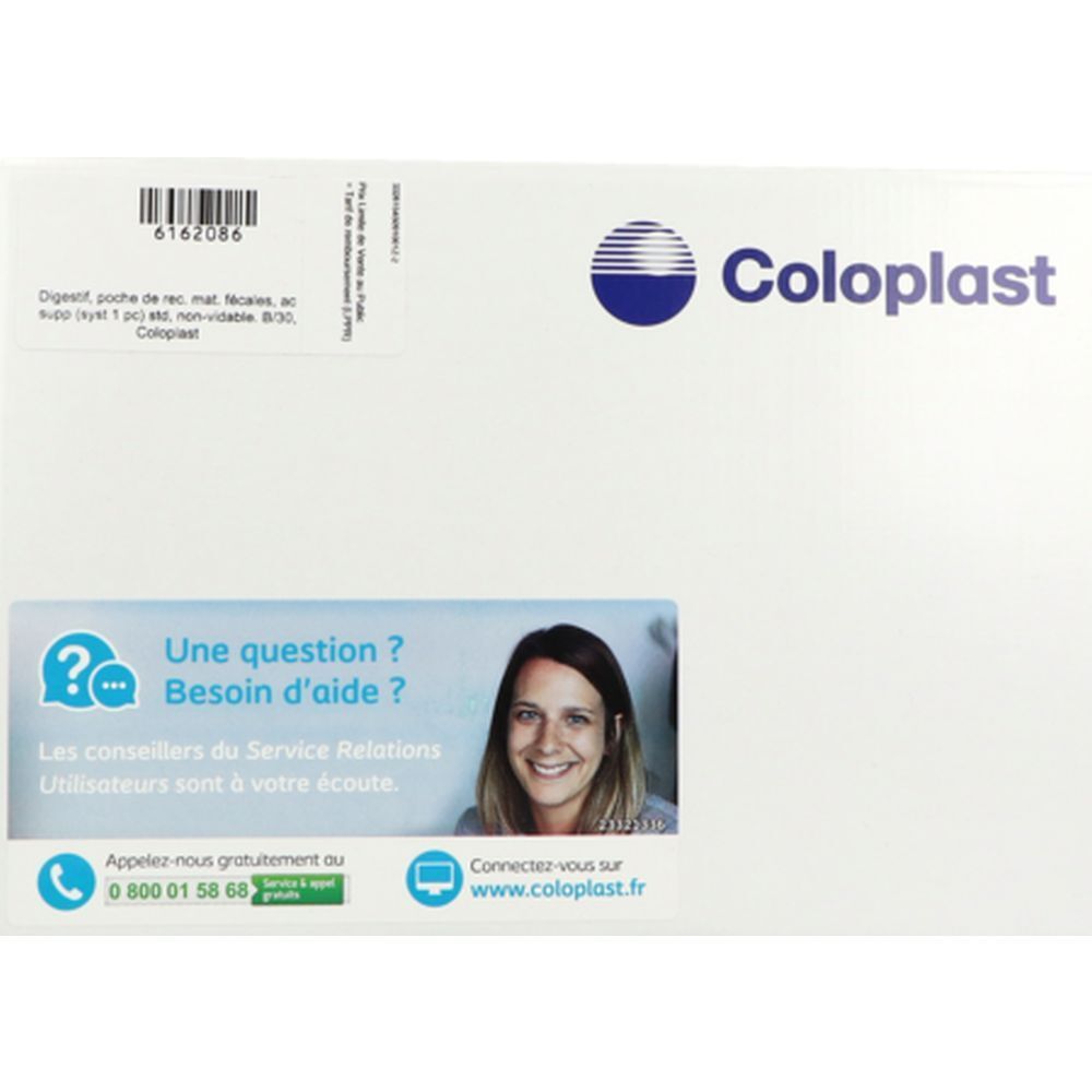 Emballage blanc Coloplast. Informations produit, code-barres et logo. Contact et photo d'une femme souriante.