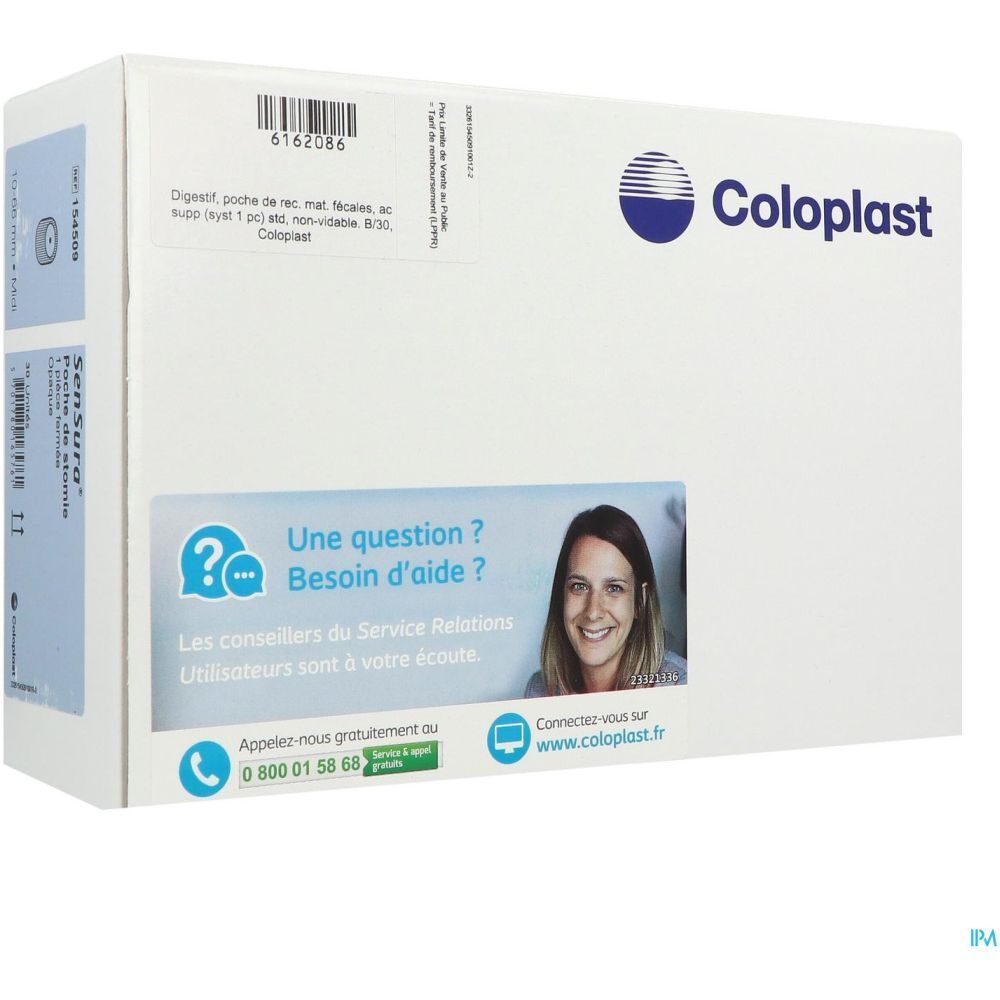 Emballage Coloplast avec SENSURA. Informations produit, code-barres et logo. Contact et photo d'une femme.