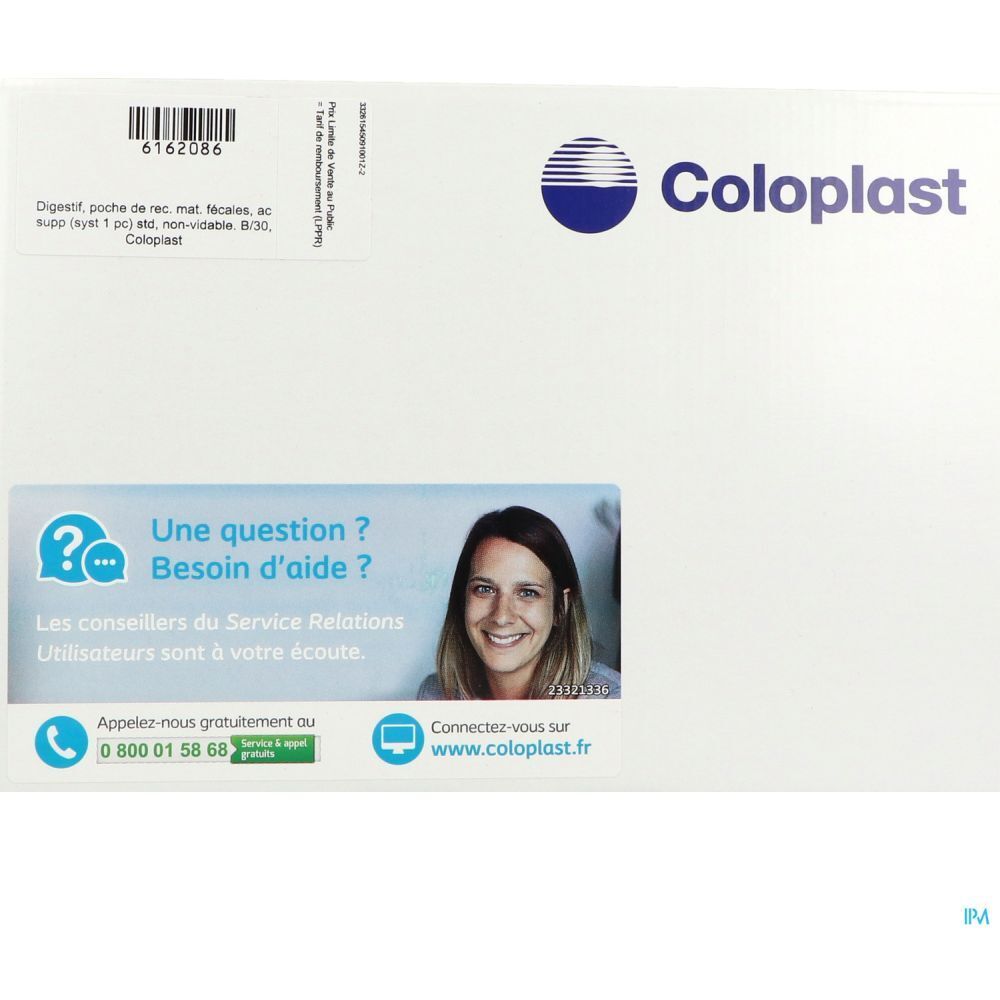Emballage blanc Coloplast. Informations produit, code-barres et logo. Contact et photo d'une femme souriante.