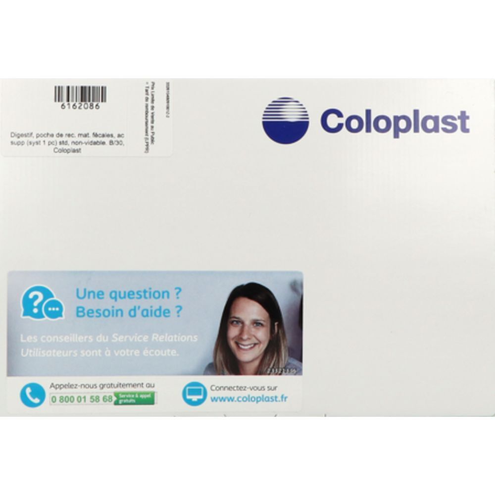 Emballage blanc Coloplast. Texte: "Une question ? Besoin d'aide ?" et coordonnées. Étiquette avec informations produit.