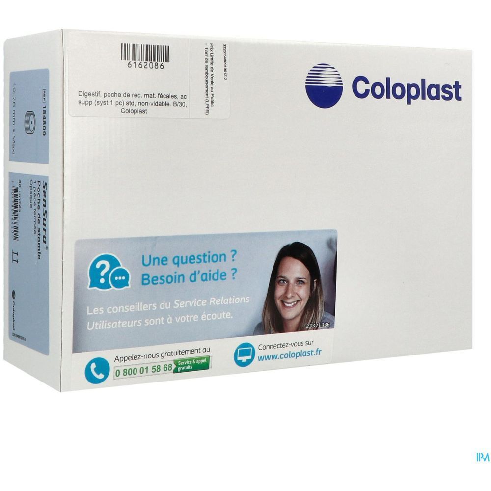 Emballage blanc Coloplast. Texte: "Une question ? Besoin d'aide ?" et coordonnées. Nom du produit: Sensura. Vue en angle.