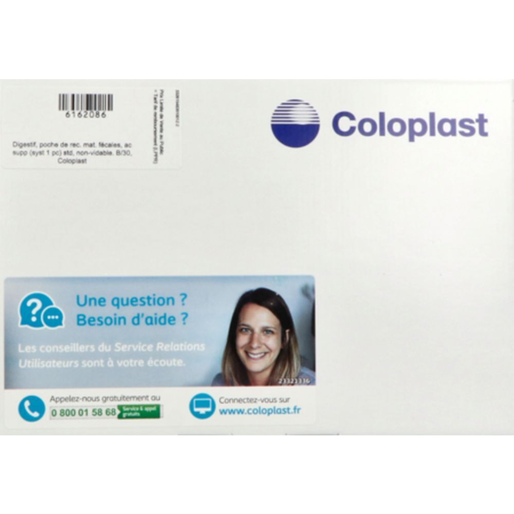 Emballage blanc Coloplast. Autocollant avec informations de contact et photo d'une femme souriante.
