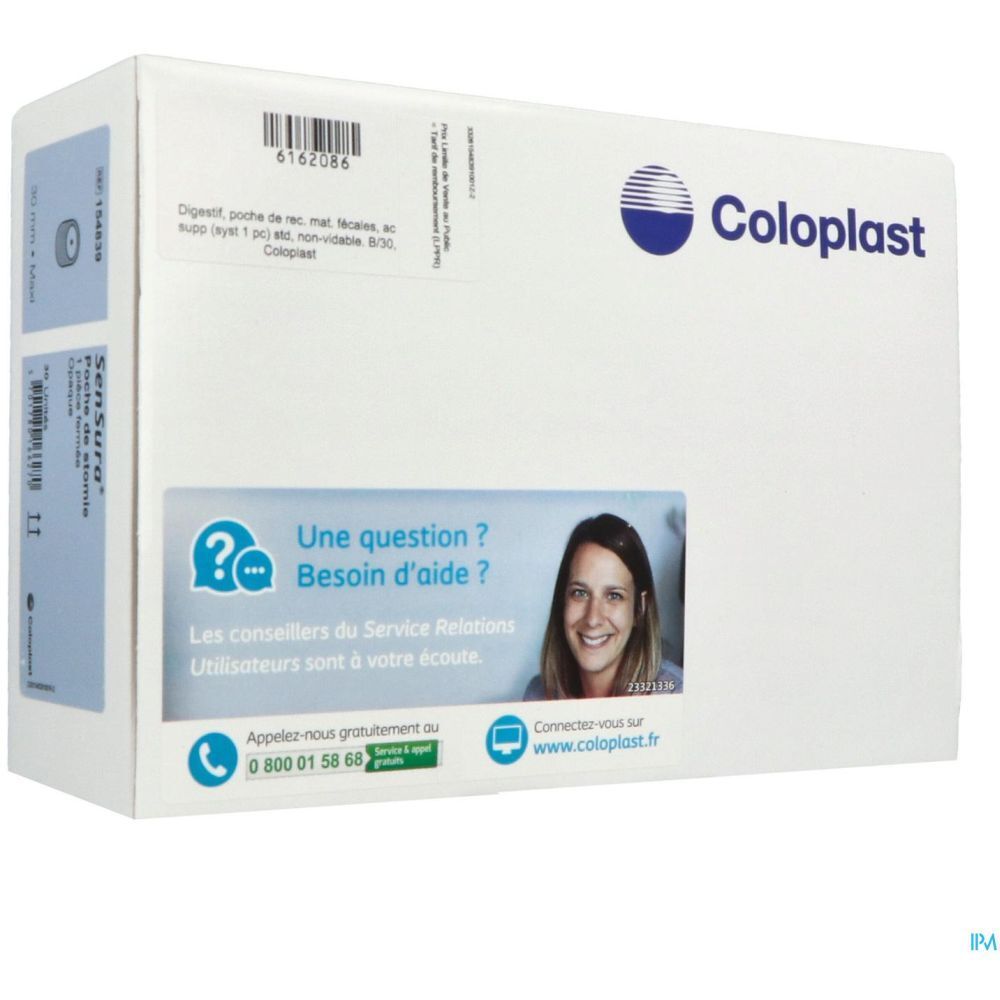 Emballage blanc Coloplast et Sensura. Autocollant avec informations de contact et photo d'une femme.