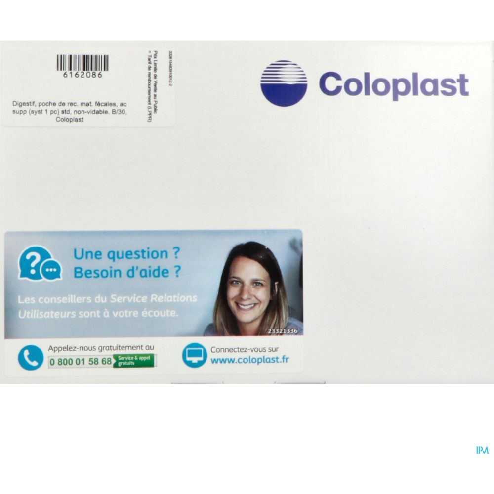 Emballage blanc Coloplast. Autocollant avec informations de contact et photo d'une femme souriante.