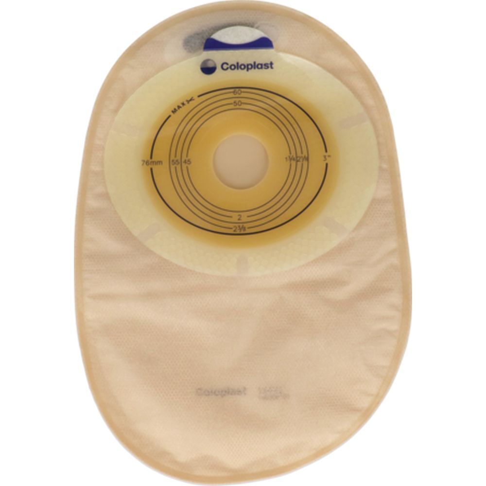 Poche fermée avec filtre intégré et plaque adhésive. Marque Coloplast. Beige et transparente.
