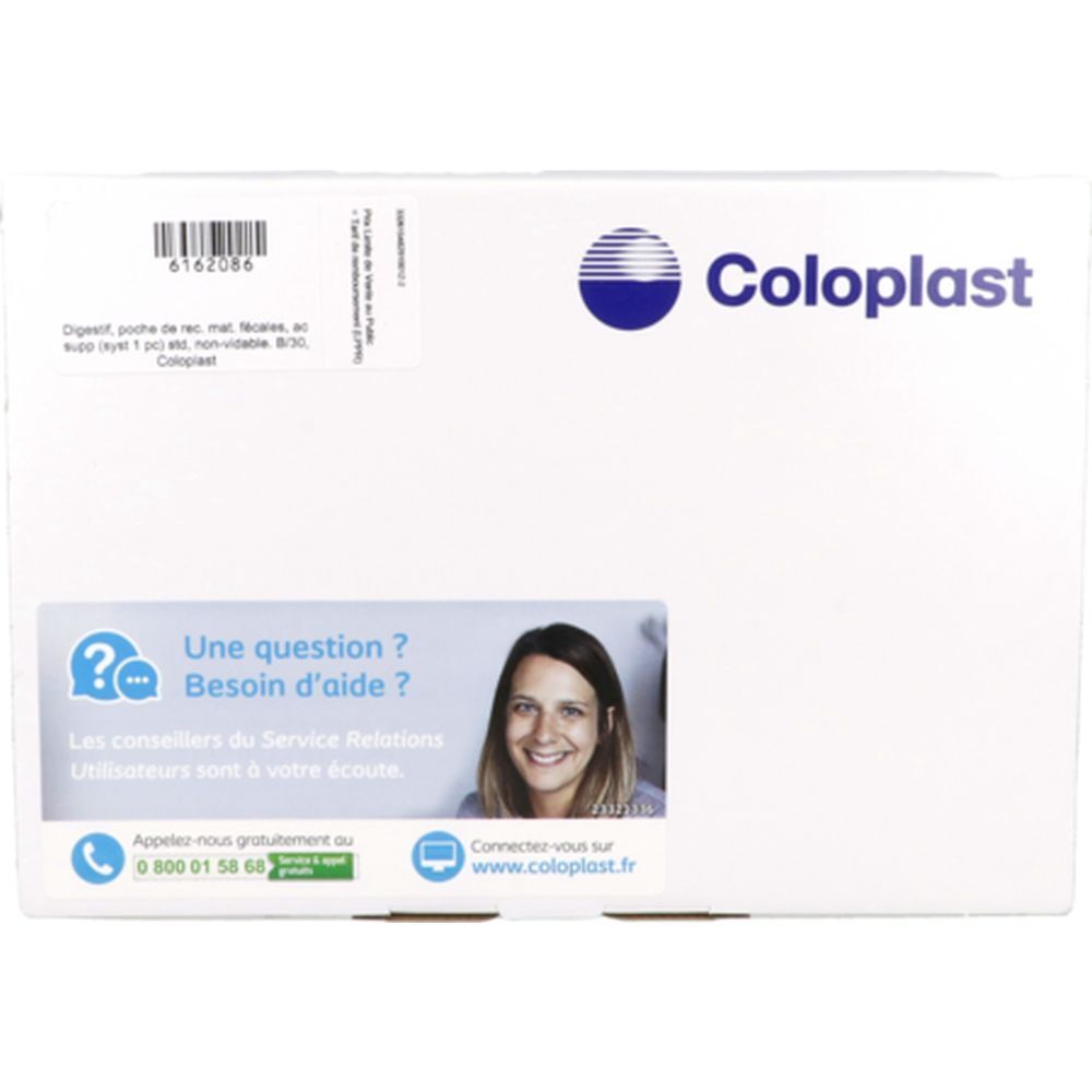 Emballage avec logo Coloplast et impression. Contient des informations et des coordonnées.