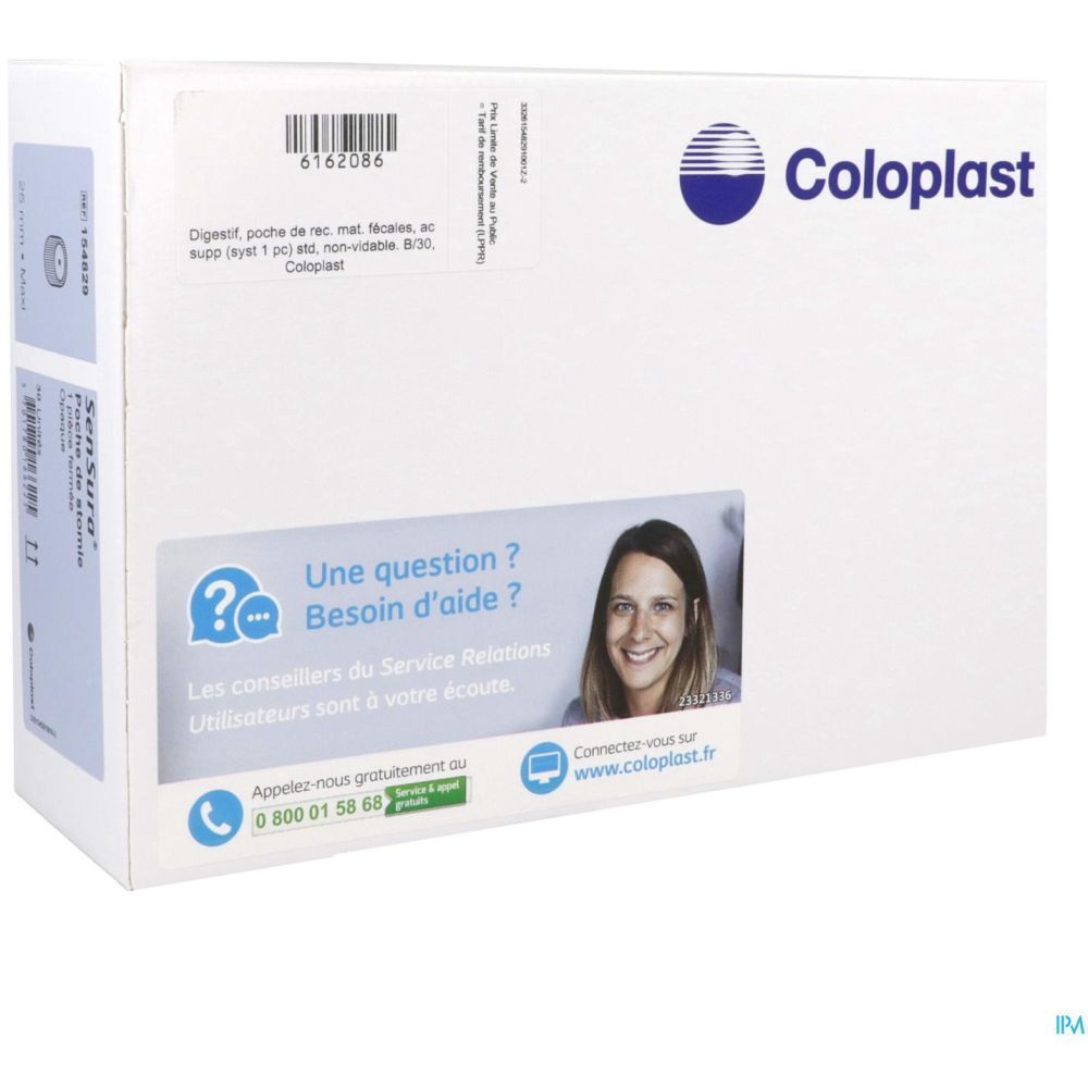 Emballage avec logo Coloplast et impression. Contient des informations et des coordonnées.